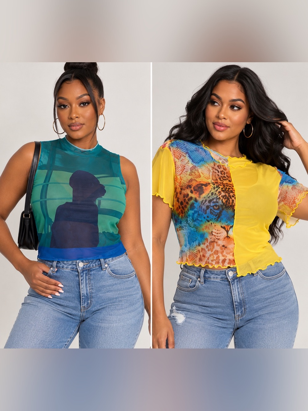 SHEIN Colorblock Mesh & Leopard Panel Tank Tops - Yellow, Blue, Green